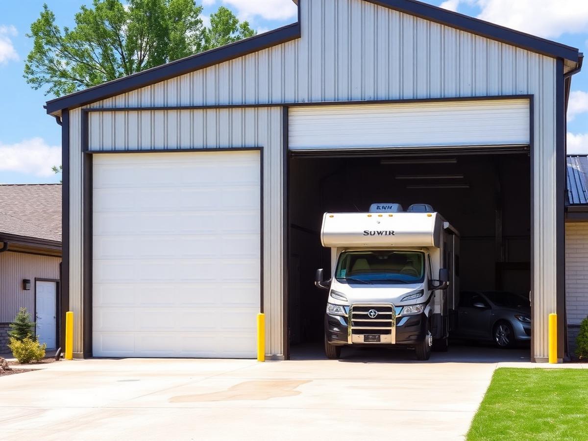 Tall RV garage metal building with motorhome parked inside