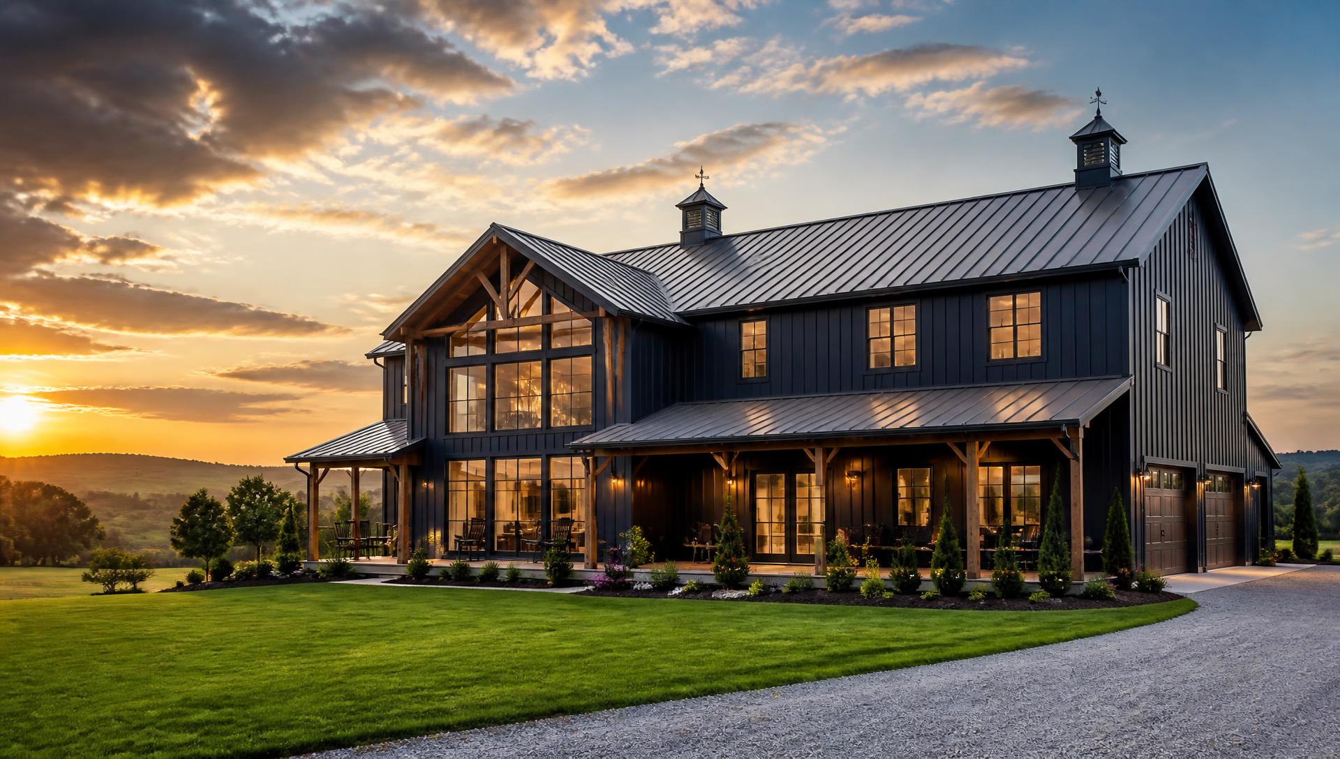 Completed modern barndominium with dark metal siding on a Tennessee property at sunset
